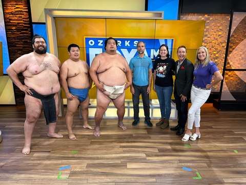 Ramy Elgazar and fellow sumo wrestlers with the Ozarks Live hosts on US television